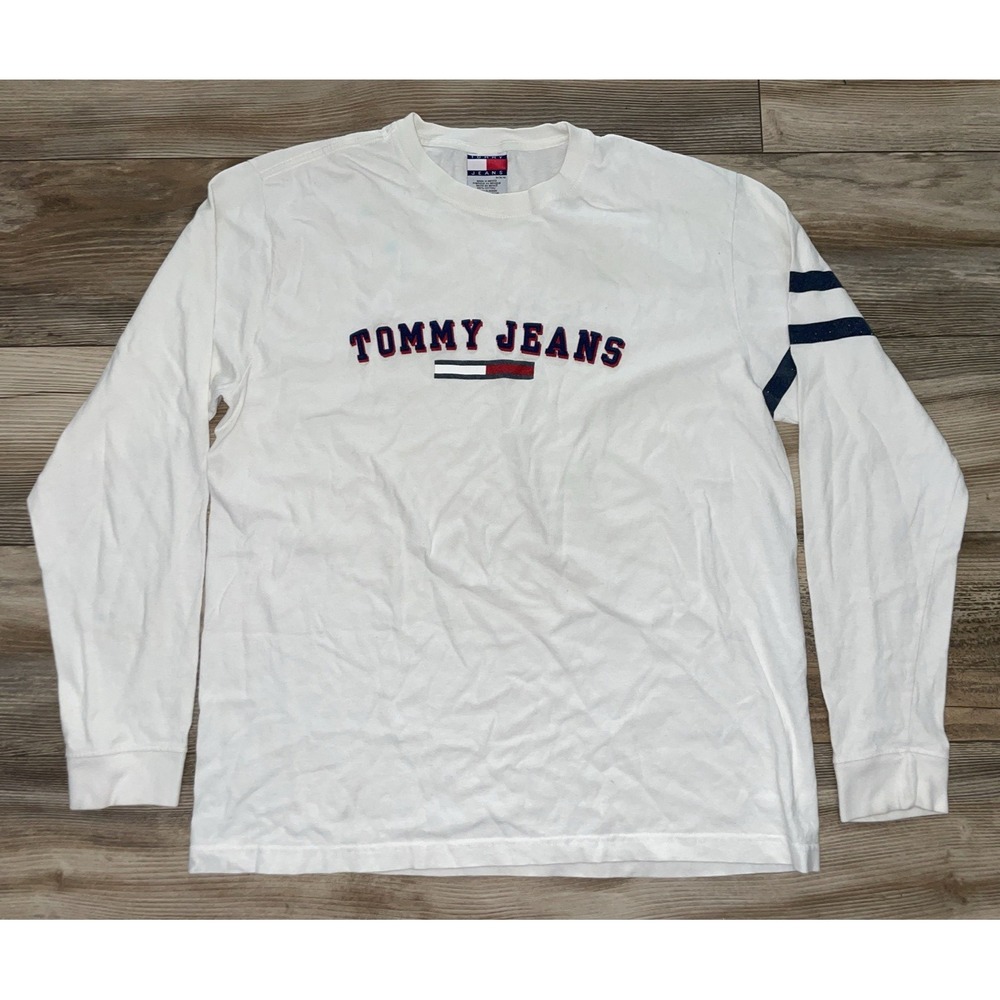 Tommy Jeans Mens Long-Sleeved Logo Top Crewneck Pullover Cotton White Size M